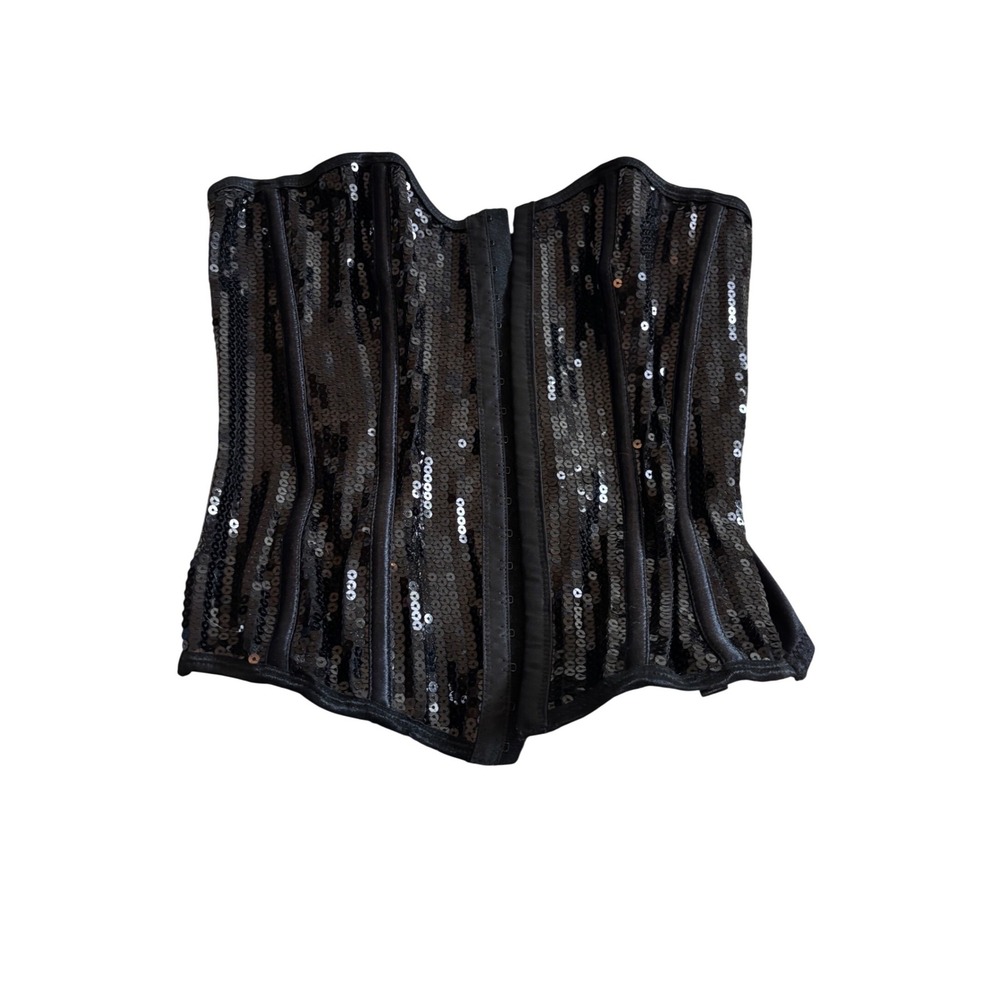 Vintage Black Sequin Corset Top Y2K L Sparkly Boned Bustier‎ Hook Eye Night Out